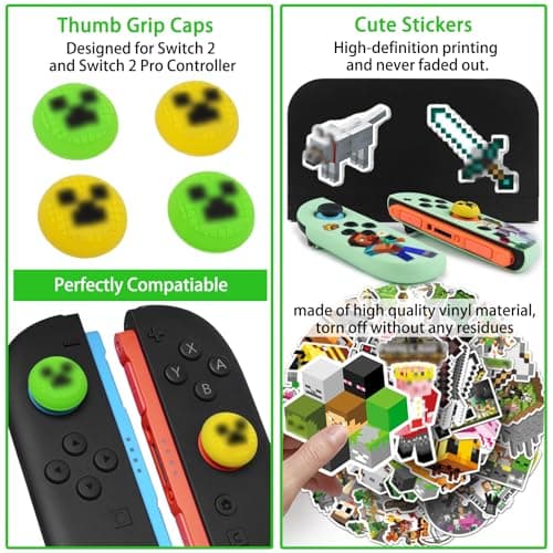 TIKOdirect Carrying Case Accessories Bundle for Switch 2, Portable Travel Case with Protective Cover, Screen Protectors, 4 Thumb Grip caps and Cute Stickers, Green — view 4