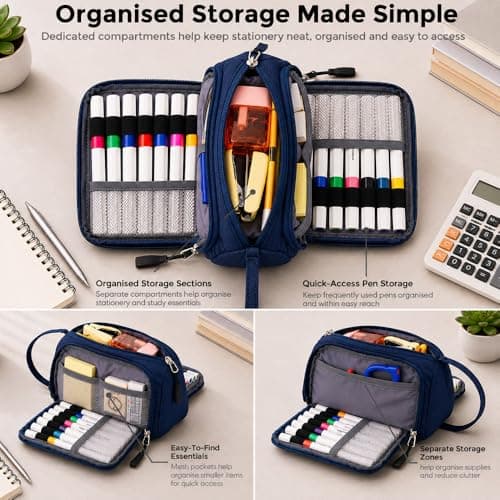 SharkByte Large Pencil Case Organiser, Big Capacity Study & Revision Stationery Storage Pouch with Compartments, Student Pen Holder for School, College, University, Accessories & Travel Supplies — view 2