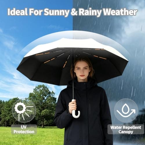 NKFBEV Travel Umbrella with Carabiner Handle, Windproof Umbrella for Rain and Sun, 10 Ribs, Auto Open Close, UV Protection, Compact Portable, Travel Umbrella Compact for Women Men Kids (Off-white) — view 3