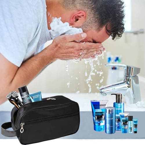 Toiletry Bag for Men, FITDON Portable Travel Wash Bag, Waterproof Shaving Bag Gym Shower Bathroom Bag Dopp Kit Make Up Bag, Black — view 4