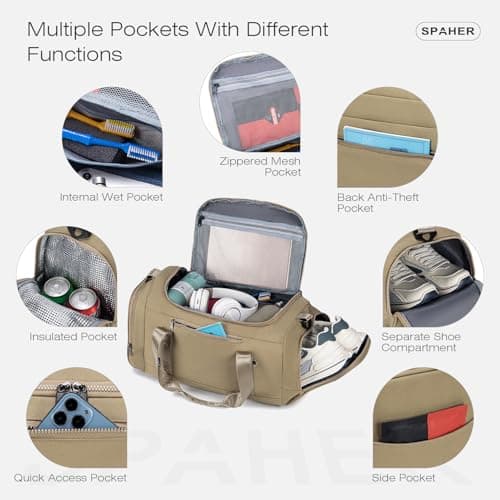SPAHER Travel Sports Gym Duffle Bag with Shoes Compartment and Wet Pocket Waterproof Weekend Overnight Bag Women with Insulated Pocket Holdall Bag for Swimming Yoga Travel, Khaki — view 3