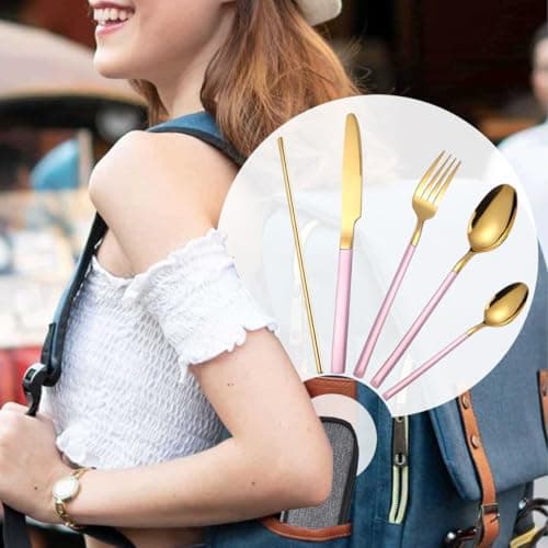 AARAINBOW Portable Cutlery Set for 1 Person, Stainless Steel Knife Fork Spoon Straw Set. 6-Piece Flatware Set with Bag, Suitable for Travel Camping Work, Dishwasher Safe, Pink Gold — view 6