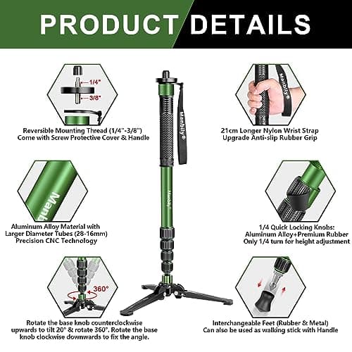 Manbily Monopods for Cameras 71-in with Feet, Walking Stick Stand 180cm Camera Monopod Mount Aluminum Lightweight with Tripod Base 5 Sections Max 22lbs For Travel DSLR Canon Nikon Sony Video Camcorder — view 2