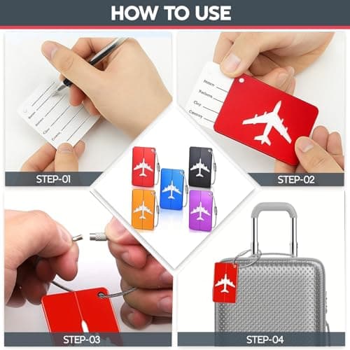 5-Pack Aluminium Luggage Tags with Steel Loop & Waterproof Name ID Card – Durable Suitcase Labels for Travel Bags, Checked Luggage, Backpacks & Laptop Cases (7.5 x 4.5 cm, 5 Colours) — view 6