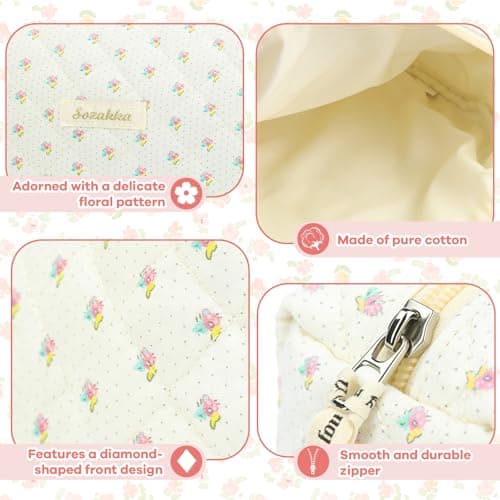 Travel Toiletry Bag, Cotton Floral Travel Makeup Bag, Portable Cosmetic Bag, Traveling Makeup Storage Bag for Women Girls (Flower-Beige) — view 3