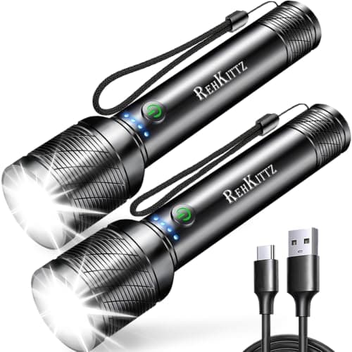 REHKITTZ Rechargeable LED Torches, [2 Pack], 2200 Lumens, Super Bright