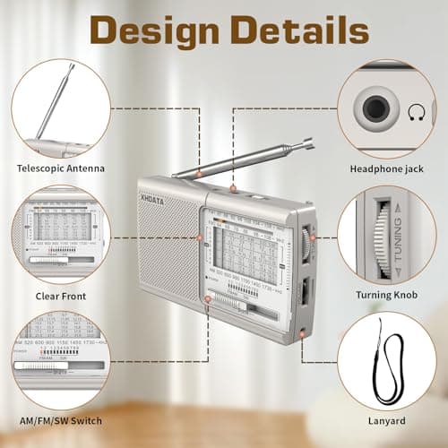 XHDATA D219 Portable Radio Retro FM AM SW Radio Battery Operated for Household Outdoor Camping Hiking Pocket Radio Beige — view 3