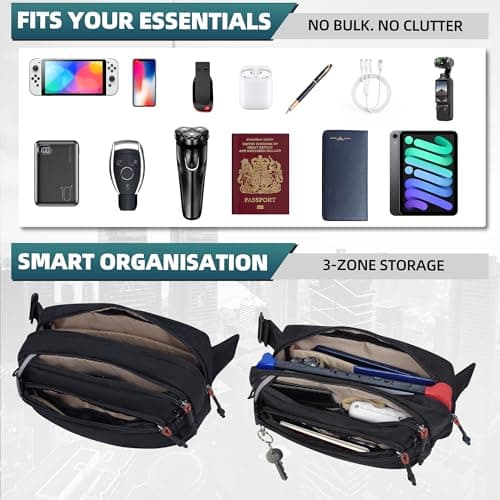Bum Bag for Men & Women: Waist Pack with 11 Pockets, Adjustable Strap Internal Security Zip Water Resistant Belt Chest Crossbody Shoulder Bag for Travel, Festival, Walking, Hiking Outdoor Black — view 3