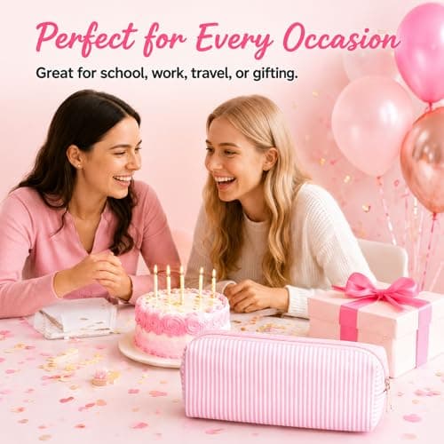 CAYLEKI Lightweight Nylon Pencil Case with Striped Design - Durable Stationery Organiser Bag for School, Work & Travel, Holds Over 30 Pens, Scratch-Resistant, Easy-Clean Textured Fabric (Pink White) — view 6