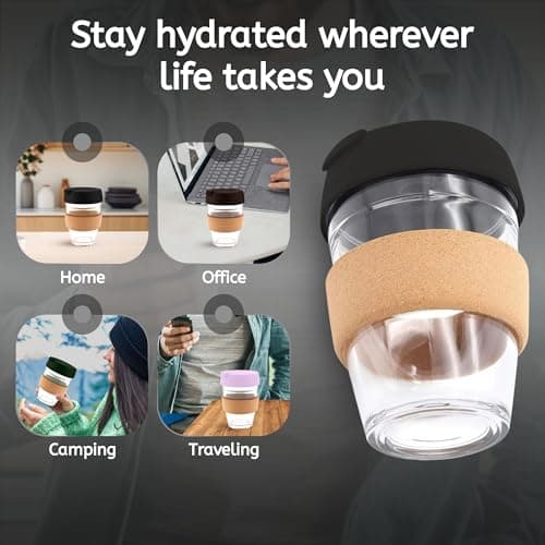 Glass Coffee Cup with Lid and Heat Resistant Cork Sleeve (Black) — view 6