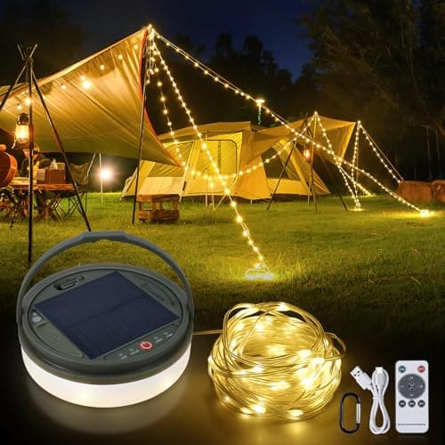 SMY Lighting 4 in 1 Solar Camping String Lights, 72.2Ft Ultra Long String with 220LEDs, Solar Powered and USB Rechargeable Light with Remote Control, Portable Camping Light for Hiking, Decorations