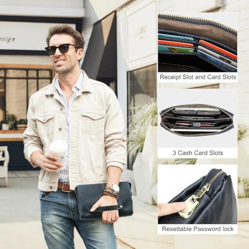 Contacts Leather Clutch with Combination Lock Men's Genuine Leather Phone Holder Zip Coin Key Travel Accessories Organizers Wallet Purse Anti-Thief Handbag, Blue — view 3