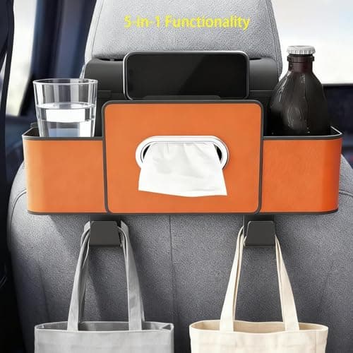 3 in 1 Car Backseat Organizer with Trash Can and No-Spill Cup Holders, Multi-Functional Headrest Storage Box for Phone, Tissue, Snacks-Perfect for Family Road Trips, Fits All SUV and Sedan. (Black) — view 3