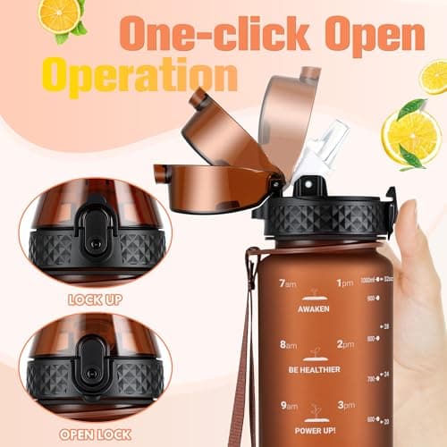 GOPPUS 1L/32oz Tritan Water Bottle with Straw-Soft Matte Finish Leakproof Drink Bottle with Measurements Bottles with Flip Top Motivational Bottles with Time Marks for Adults BPA Free (Brown) — view 3