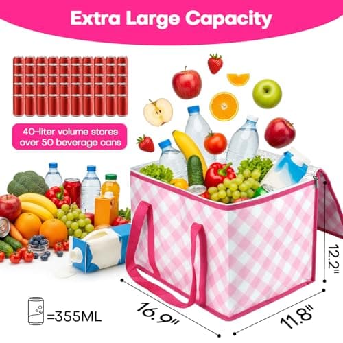 Beautyshow Cool Bag, 40L Large Insulated Bag, Reusable Grocery Shopping Bags with Classic Gingham Design, Foldable Thermal Food Delivery Bags Soft Cooler for Picnic, BBQ, Camping, Beach, Travel, Auto — view 2