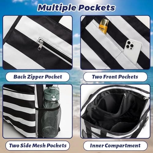flintronic Extra Large Lightweight Beach Bag, Waterproof Beach Tote Bag with Zip, Foldable Shoulder Bag for Women, Reusable Shopping Bag, for Beach Travel Holiday Swimming Picnic,Black — view 6