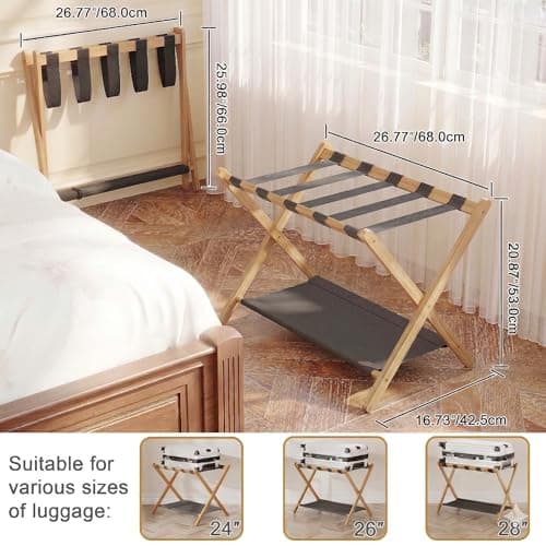 BAMBOOHOMIE Bamboo Luggage Rack for Guest Room, 26.77" Folding Wide Suitcase Stand with Fabric Storage Shelf, Luggage Stand Holder for Bedroom Hotel, Luggage Rack for Suitcases (2 Pack - Tea brown) — view 3