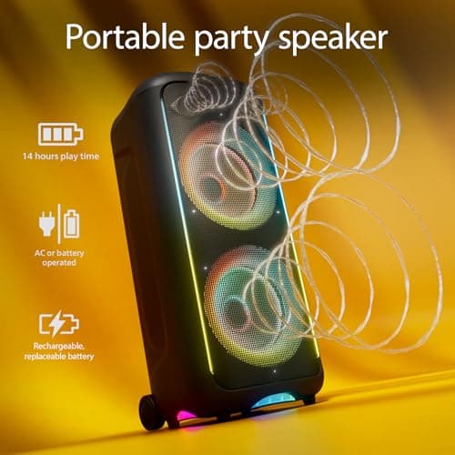 PHILIPS TAX5000E Bluetooth Party Speaker 200W Max, Bass+, Lightshow, 14h Battery, TWS & Auracast, Mic/Guitar Inputs, IPX4 Splash-Proof, USB, AUX, App Control, Wheels & Handle — view 3