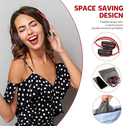 WorWoder Wireless Headphones Over Ear, 80 Hours Playtime Bluetooth Headphones, Hi-Fi Stereo Sound with MIcrophone, Lightweight Headset with Deep Bass for Travel Work PC Cellphone(Black-Red) — view 5