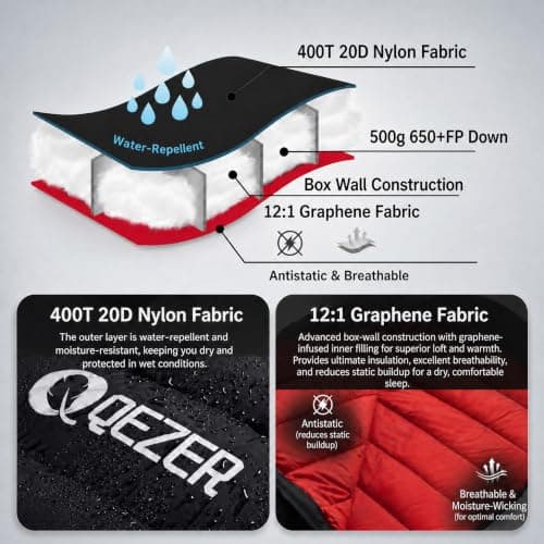 QEZER Down Sleeping Bag, Only 820 g, Lightweight Sleeping Bag, Small Pack Size with 600FP Down for 3 Seasons, Camping, Trekking and Hiking, Outdoor (blackblack) — view 5