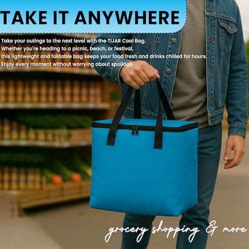 TIJAR® Hot Food and Cooler Bag, 12L, Insulated Bag and Carrying Handle, Collapsible Medium Size Cool Bag, Lunch Bag, Cool Box, Grocery Shopping Bags, Cooling Bag for Camping BBQ Outdoor (Blue 12L) — view 2