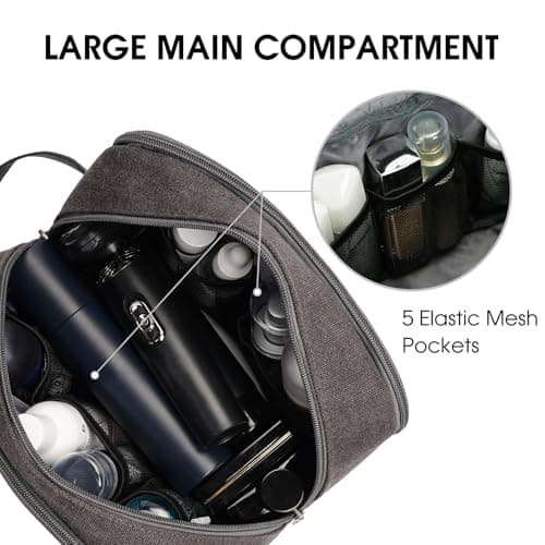 WANDF Toiletry Bag for Men, Travel Wash Bag with Handle, Water-Resistant Canvas Shaving Organiser, SBS Metal Zipper Dopp Kit for Makeup Bathroom Gym (Dark Grey) — view 3