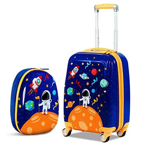 Maxmass 2PCS Kids Luggage Set, 18" Hard Shell Children Suitcase with 12’’ Backpack, Girls Boys Trolley Case for School Travel (Space, Blue)