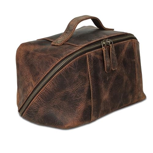 Luxury Leather Men’s Toiletry Travel Bag – Handmade Dopp Kit with Waterproof Interior, Spacious Storage & Carry Handle – Shaving Kit Bag for Men & Women