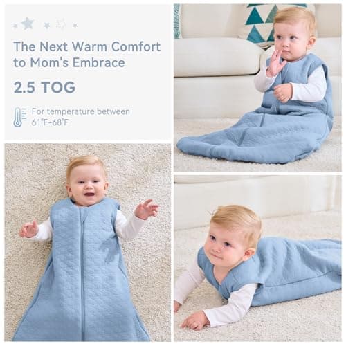 Unnivoll Baby Sleeping Bag 2.5 Tog 0-6 Months 100% Cotton Winter Sleeping Bag Baby 2-Way Zipper Quilted Sleep Sack for Newbron Infant Warm Soft Blue — view 6