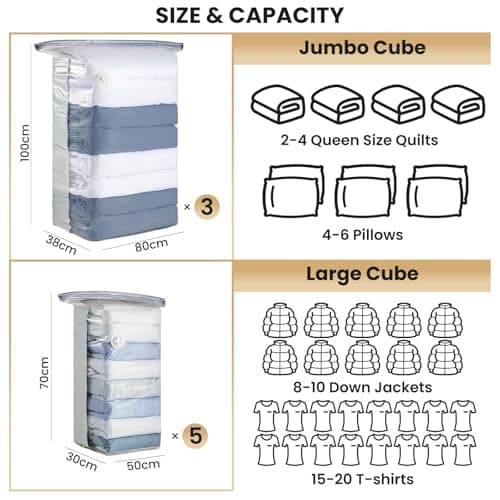 TAILI Extra Large Vacuum Storage Bags Cube 8 Jumbo (3Jumbo +5Medium), Cream — view 3