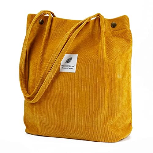 Corduroy Tote Bag Cute Tote Bags for Women Shoulder Bag with Inner Pocket for Work Beach Travel and Shopping Grocery, Green, L, Autumn Leaves Yellow