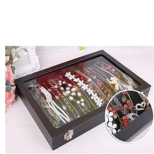 Retro Classic Jewelry Box Necklace Tray Storage Display Stackable Glass Top Lockable Black Velvet es Necklace Holder with Lockfor Women Gift — view 4
