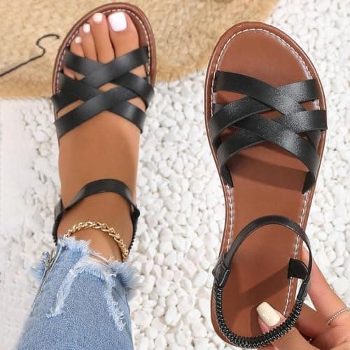 Ladies Sandals Womens Flat Sandals Cross Strappy Open Toe Sandal Elastic Strap Hiking Sandal Casual Travel Breathable Flip Flop Womens Wide Fit Slippers Ladies Summer Beach Shoes — view 6