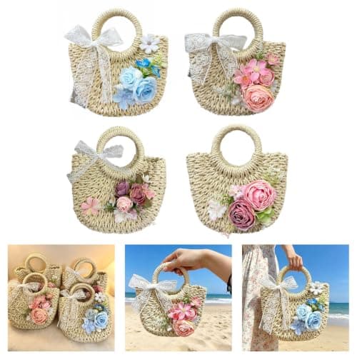 ECMQS Handle Bridal Beach Bag with Floral Woven Body, Purple — view 3