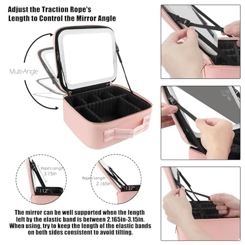 MOMIRA Travel Makeup Bag Cosmetic Bag Makeup Organizer Bag with Lighted Mirror, Adjustable Brightness in 3 Color Scenarios, Waterproof Makeup Train Case, Gift for Women - Pink — view 6