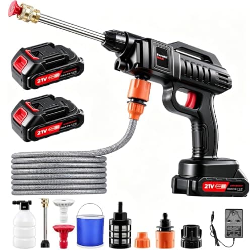 Bellanny 60Bar Cordless Pressure Washer, 21V 1500W Portable Pressure Washer with 2 x 2.0Ah Rechargeable Battery, Battery Pressure Washer with 5M Hose for Floor Car Garden Cleaning - with Bucket