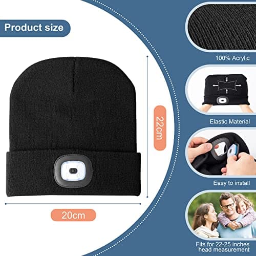 Unisex LED Lighted Beanie, USB Rechargeable Headlamp Hat, Cap with Light Hands Free Head Torch, Winter Warm Gifts for Men and Women Black — view 2