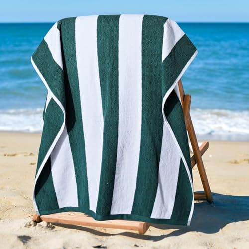 La Maison Cabana Stripe Beach Towels 100% Cotton 70cm x 150cm Large Pool Towel Absorbent Supersoft Quick Dry Sand Proof Beach Towel Holiday Yoga Gym Swimming Towel (2, Green) — view 2