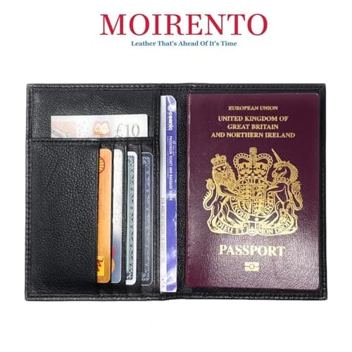 MOIRENTO UK Leather Passport Cover - British RFID Blocking Holders Genuine Navy Blue Wallet Passport Travel Wallet Men Women, Black Nappa — view 2