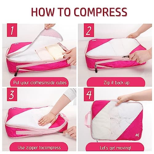 AiQInu Packing Cubes Compression Set, Pack of 5, Pink, Nylon, Rectangular, Zipper Closure, Travel Organiser with Laundry & Shoe Bags, Space Saver, TSA Approved — view 3