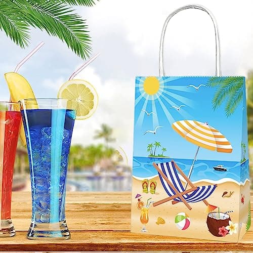 12P Summer Beach Gifts Paper Bags with Handles,Swimming Pool Theme Paper Kraft Paper Gift Bags for Smmer Pool Gift Boxe,Hawaii Candy Treat Goodie Bags for Baby Shower Birthday Pool Party Accessories — view 6