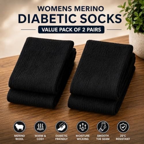 reshmena® 2 Diabetic Merino Wool Thermal Socks Women's Wool socks Extra Warm Thick Non Elastic Soft Wide Top Womens Socks Womens Walking thermal Socks Merino Size 4-8 Black — view 5