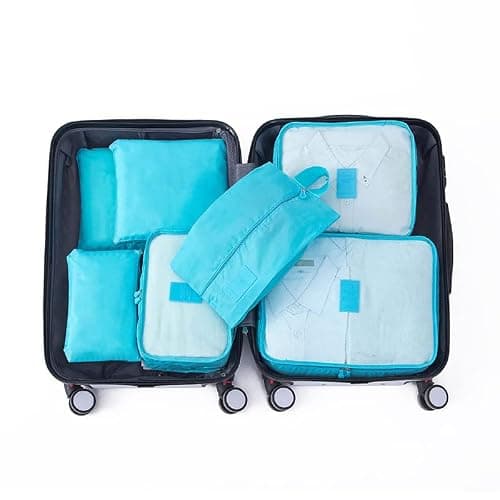 7 Set Packing Cubes water proof Dirt Resistant Oxford Cloth Luggage Packing Organizers for Travel (Sky Blue)