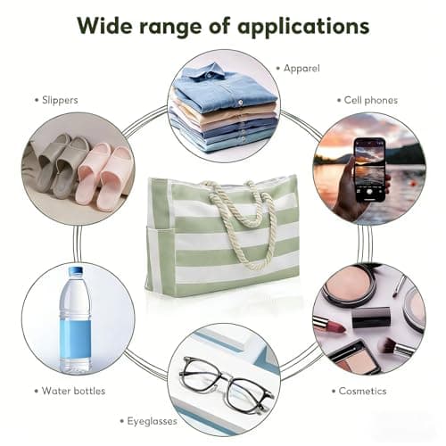 LPVVPEZ Large Beach Bag for Women with Zip, Waterproof Foldable Tote, Extra Big Swimming Pool & Gym Bag with Rope Handle for Travel, Shopping, Picnic (Green Stripe) — view 5