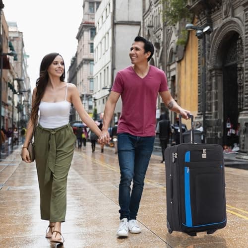 ATX Luggage 55x35x20cm Cabin Suitcase-Lightweight Softshell Carry-ons Approved for Ryanair EasyJet British Airways with 2 Wheels and Built-in Combination Lock (Black/Blue, 48 Liter) — view 6