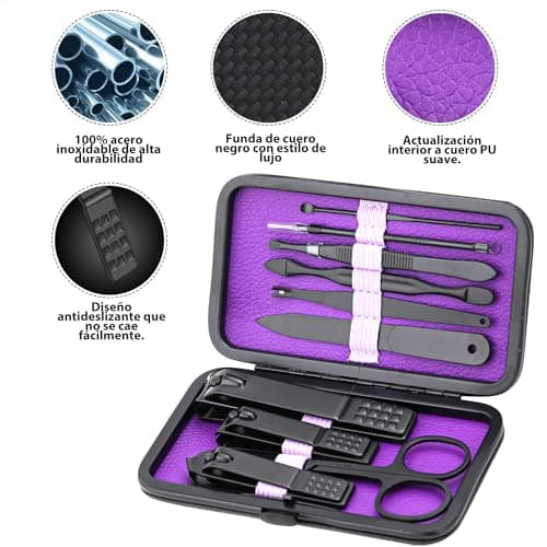 Glamne Manicure Set Nail Clippers Kit Professional Stainless Steel Nail Care Tools with Leather Travel Case 10 in 1 Purple — view 3