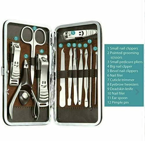 ALL IN HERE 12PCS MANICURE SET NAIL CARE KIT CLIPPER EARPICK GROOMING PEDICURE KIT MEN WOMEN, SILVER, MEDIUM — view 2