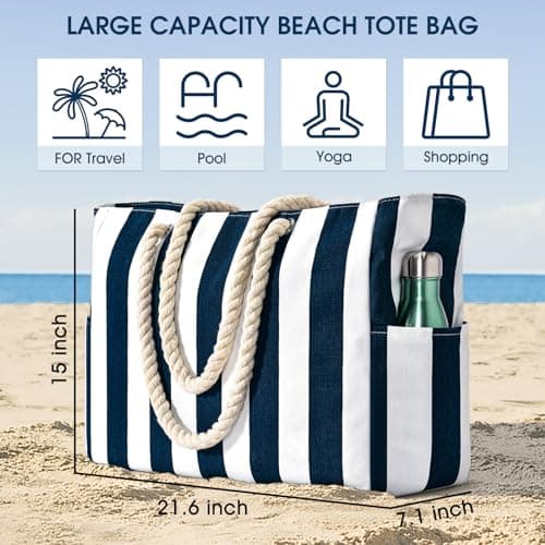 oscaurt Large Beach Bag Stripe Tote Bag with Zip Beach Bags for Women Waterproof Shopping Bag Handbags Pool Bag Holiday Essentials — view 4