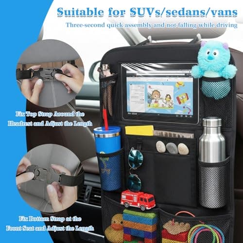 Plkjiu Waterproof Car Back Seat Organiser with Tablet Holder - 40x60cm Foldable Car Seat Protector for Kids Travel, Multi-Pocket Car Organiser Storage for SUV, Van & Sedan, Black — view 5