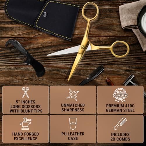 Ontaki 5" Beard & Mustache Scissor with Combs for Men - Gold Brass — view 5